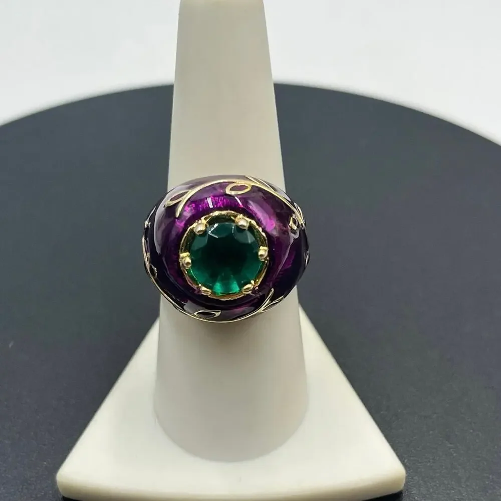 Princess Amanda Borghese Designer Purple Green Enamel‎ Cocktail Ring Sz 8.5
